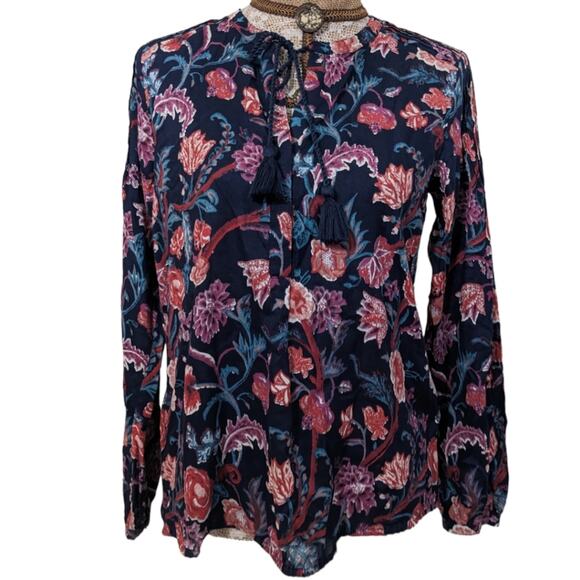 Lucky Brand floral popover necktie blouse with tassels - Picture 2 of 6